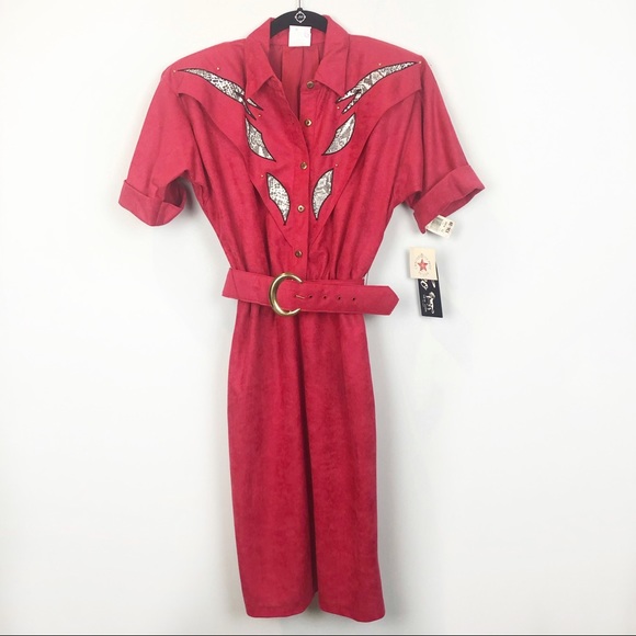 Dresses & Skirts - Vintage 80s red faux suede snakeskin belted dress